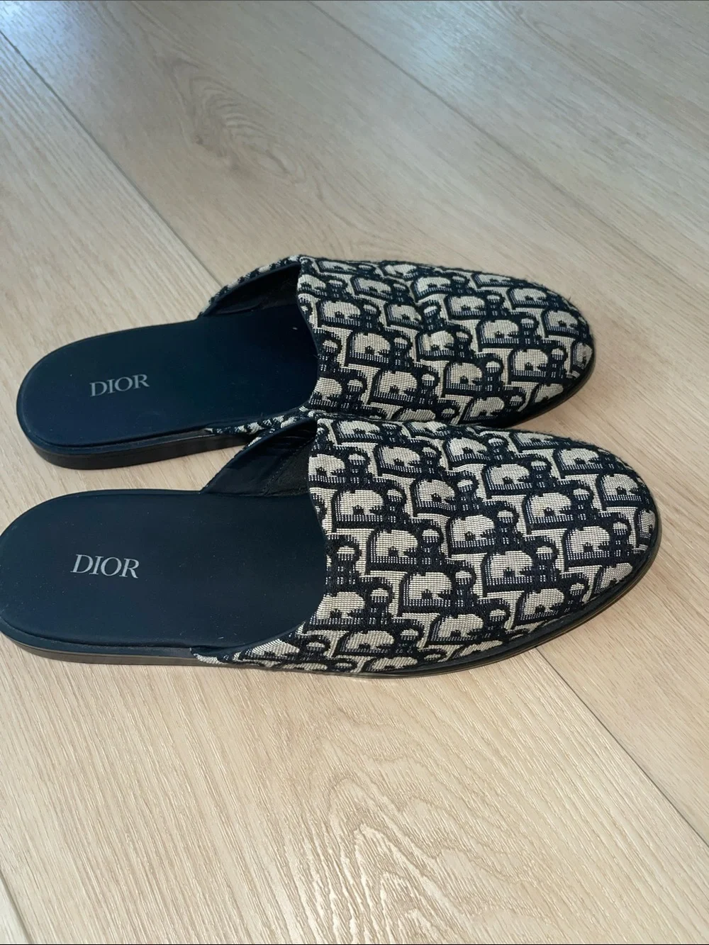 Dior Monogram Jacquard Slip-On Mules in Black and Beige